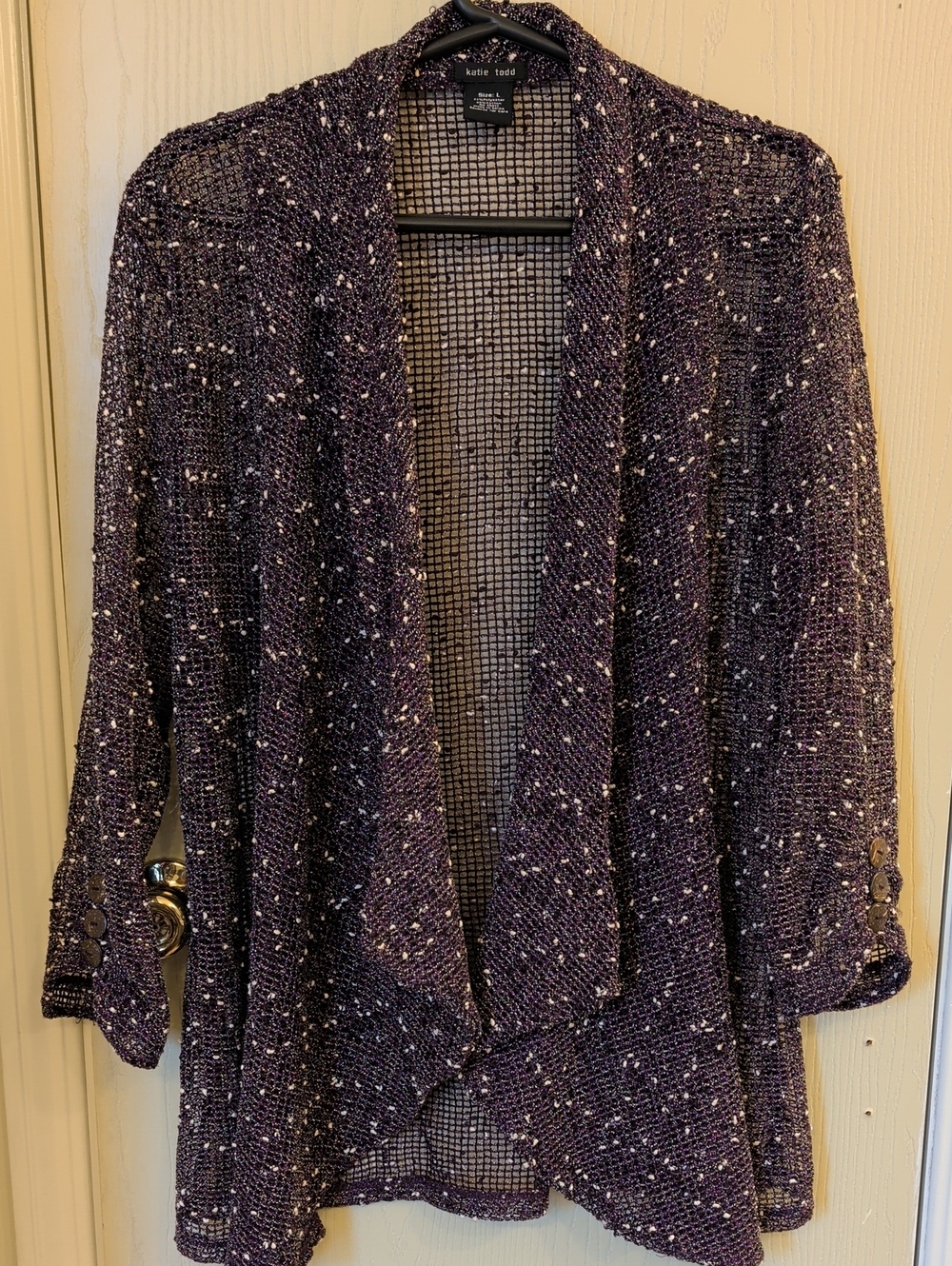 Katie Todd Purple Open-Knit Cardigan | Lightweight Textured Layering Sweater | L
